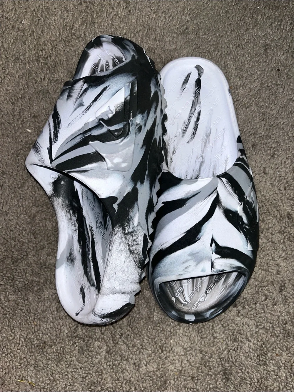 J/SLIDES White and Black Painted Zebra Slide Sandals